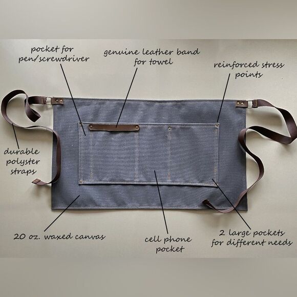 Waxed Canvas Half Apron for Women and Men / Barista  Waitress Bartender Apron. - Picture 2 of 12